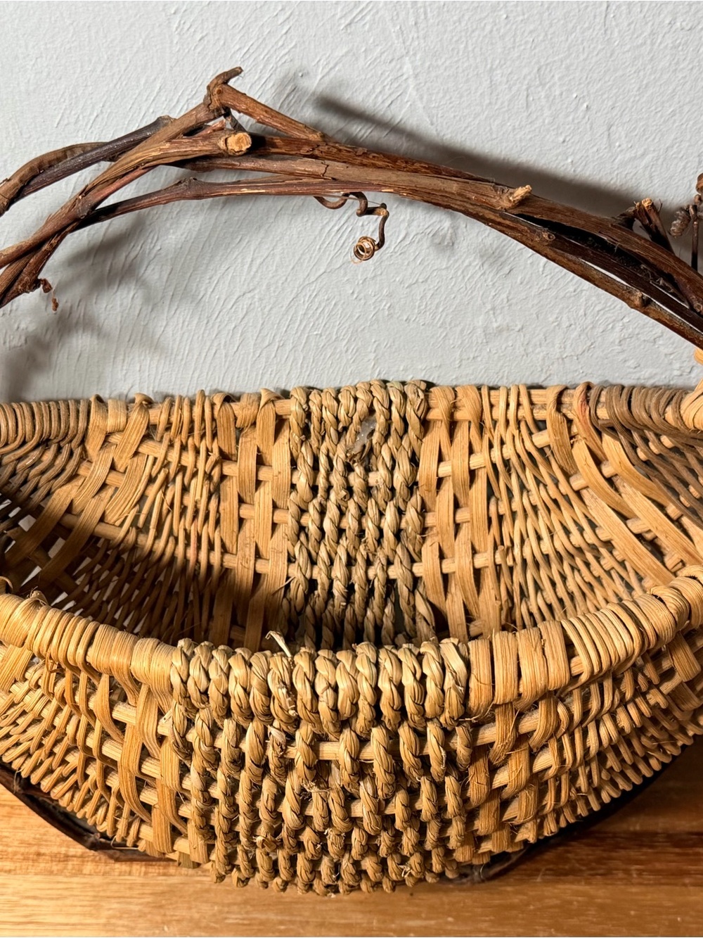 Vintage Handwoven Wicker Basket with Vine Handle - Natural Tan - Picture 11 of 11